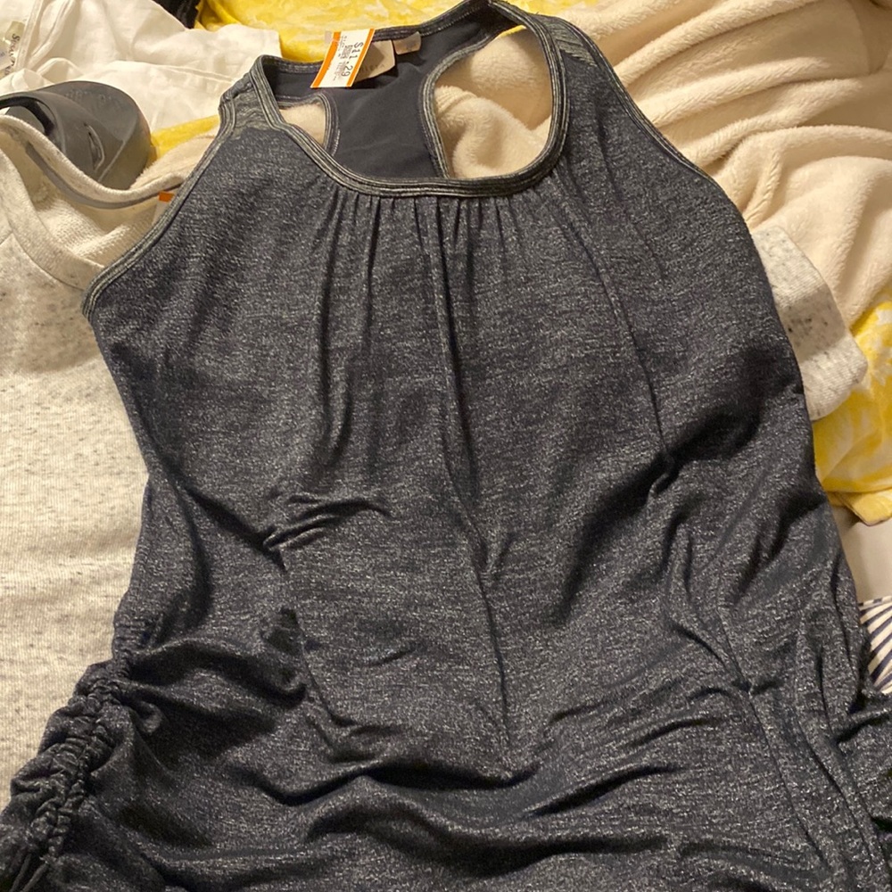Athleta • double layer tank, side Ruche, metallic black and‎ grey, women’…